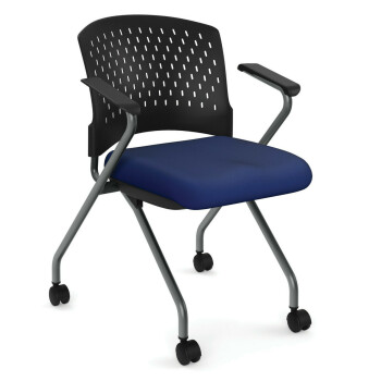 rolling chair with plastic back with holes and padded blue bottom